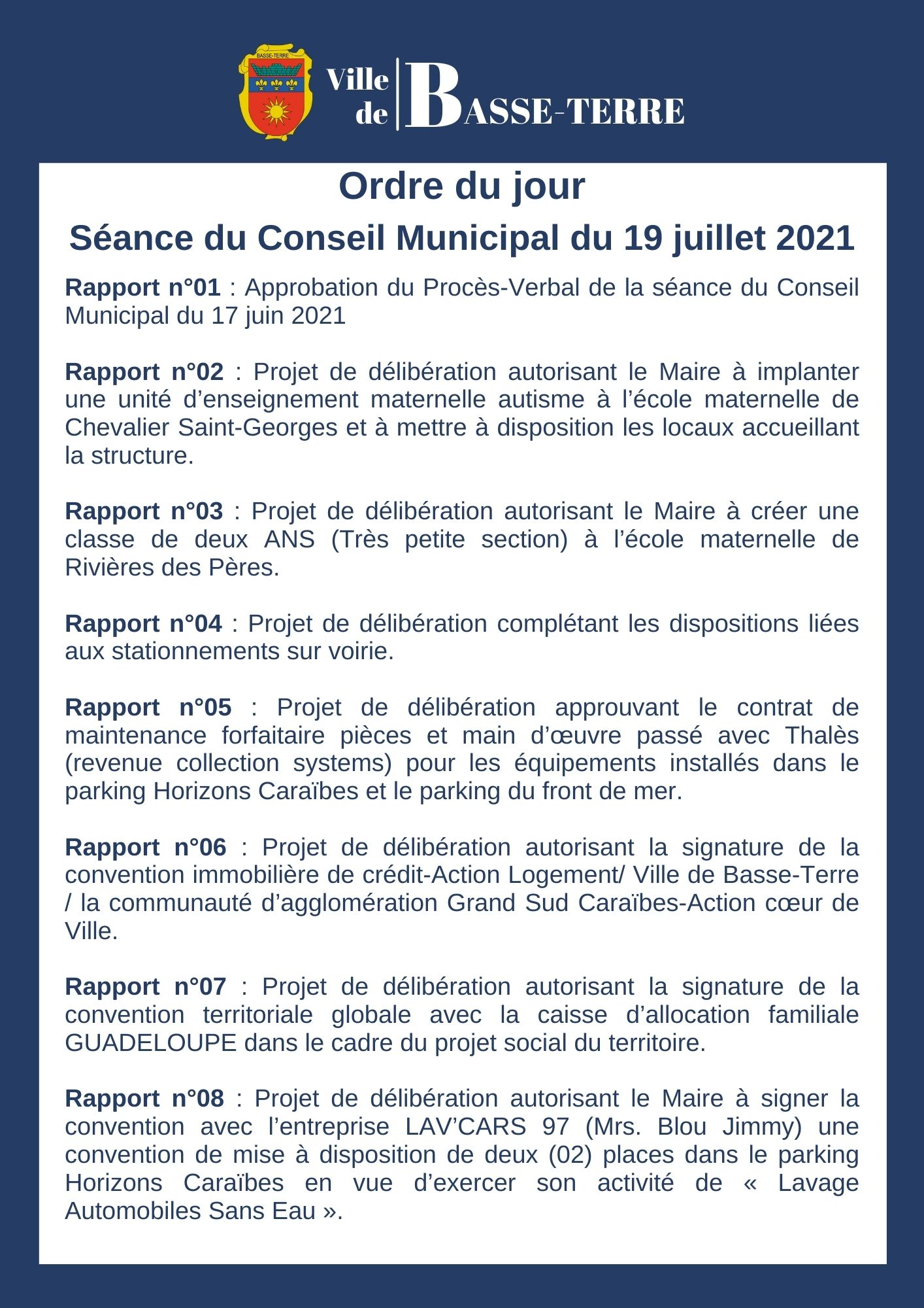 Ordre du jour du Conseil Municipal du lundi 19 juillet 2021